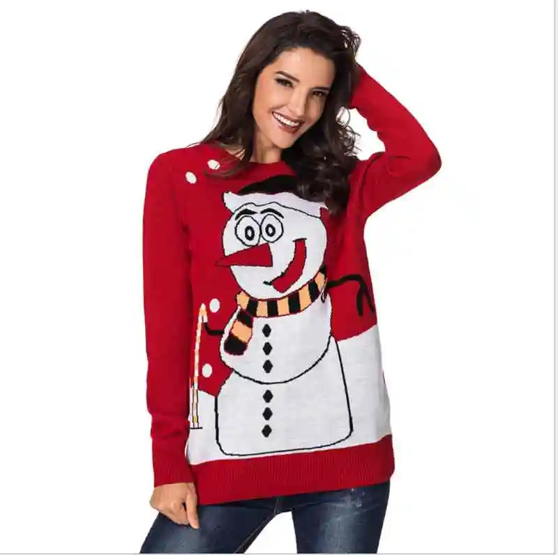 

2019 New Fashion Women's Long Sleeve Elk Snowman Sweater Christmas Jumper Pullover Tops Outwear Red Tops Outwear