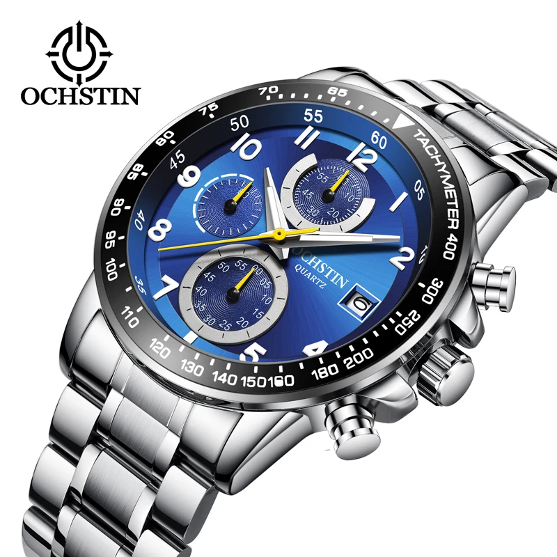 OCHSTIN Quartz Men Watches Blue Ocean Design Silver Steel 3 Dial Calendar Display Mens Automatic Sport Leather | Наручные часы
