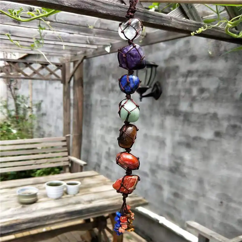 

7 Chakra Tumbled Gemstone Car Hanging Decoration Irregular Healing Crystal Tassel Meditation Window Home Decor Natural Stone