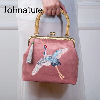 

Johnature Retro Handmade Embroidery Women Handbag 2020 New Elegant Cheongsam Ladies Hand Bags Casual Shoulder Bags Small Bag
