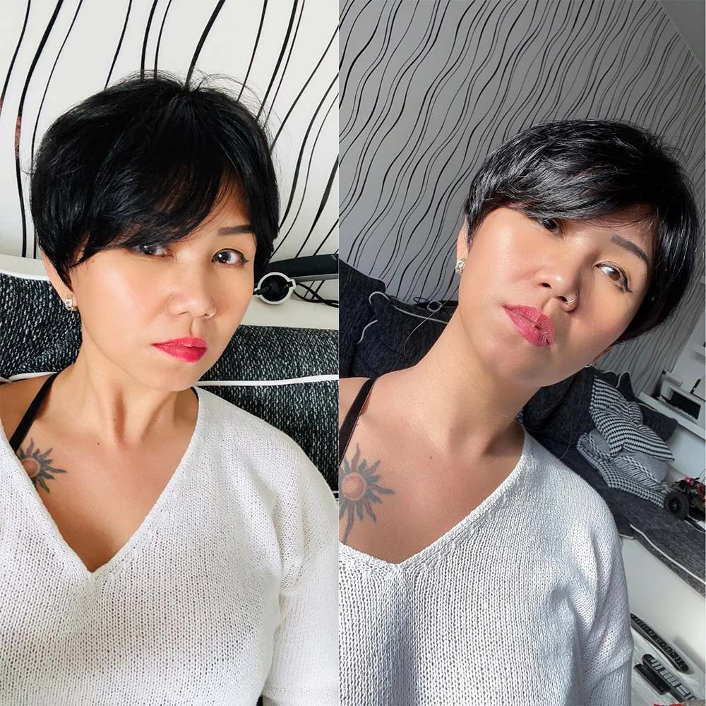 Piano Blonde Short Human Hair Wigs Pixie Cut Straight Remy for black women brown black 99j No Lace HighLight With Thick Fringe