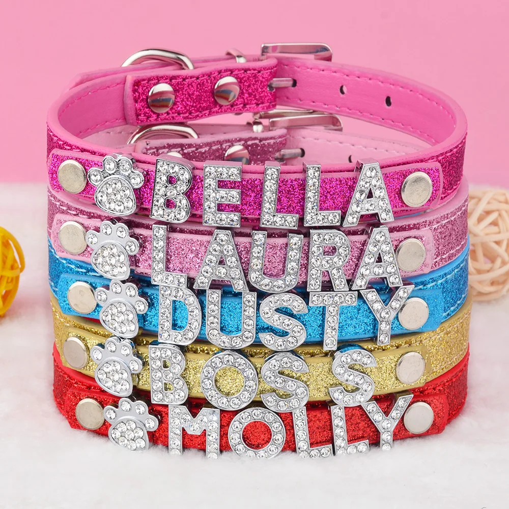 

Beautiful Cat collar Customize Crystal letters DIY Personalized Dog tie Dog collar Leather Charms Custom Pet Dogs Name