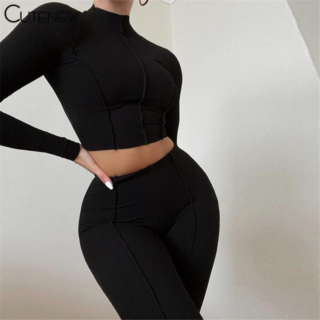 Cutenew Autumn Solid Two Piece Set Women's Outfits Half High Collar Long Sleeve Crop Top+Skinny Leggings Lady Casual Sporty Suit 3