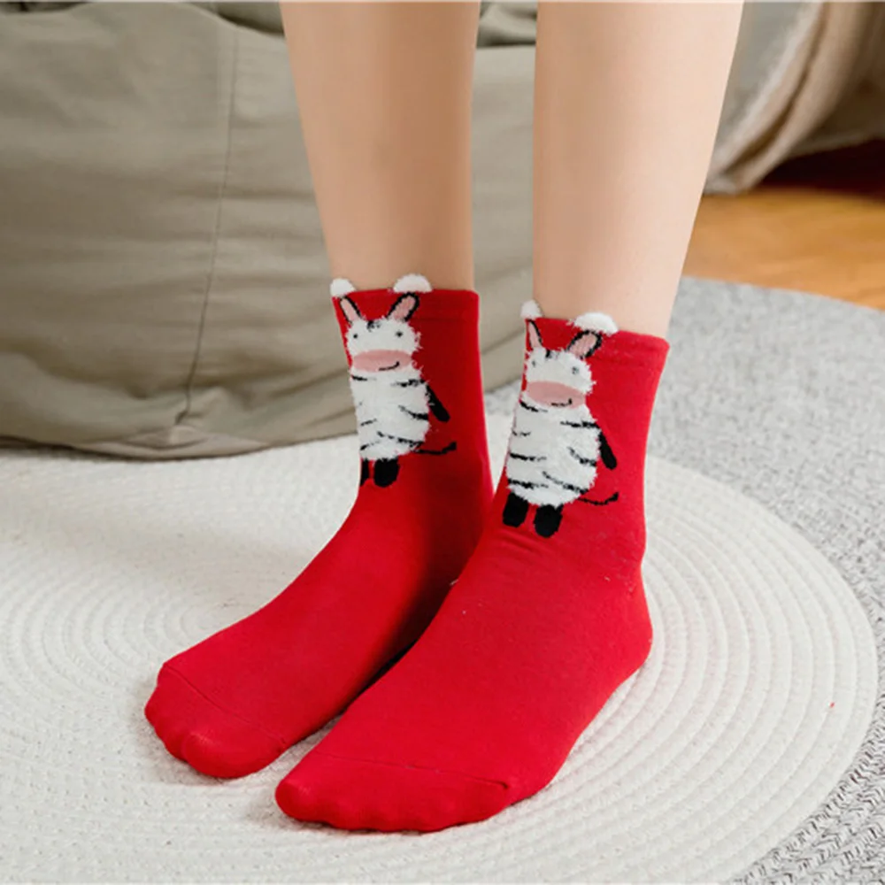 Animal cotton socks printed with cute socks in the tube cartoon red Christmas atmosphere