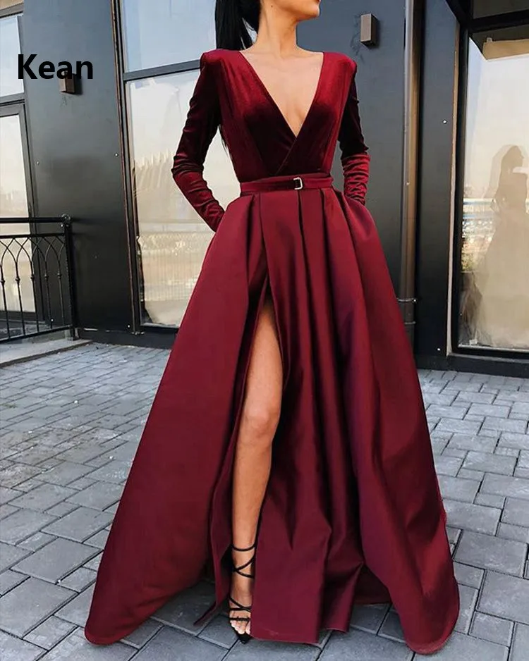 

Burgundy Velour Muslim Evening Dress Full Sleeve Slit vestido de festa Islamic Dubai Kaftan Saudi Arabic Evening Gown Prom Dress