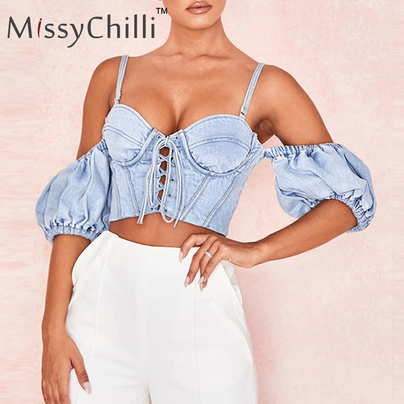 Синий MissyChilli сексуальные джинсовые женские джинсовые топы женские кружевные Элегантные рубашки с пышными рукавами Осенние Синие блузки с открытыми плечами Укороченная рубашка - Цвет: Синий