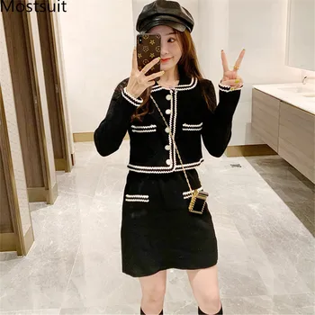 

2020 Spring Autumn Knitted Elegant 2 Piece Skirt Suits Sets Women Long Sleeve Tops + A-line Skirt Sets Korean Fashion Outfits