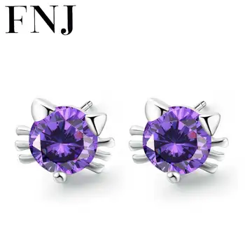 

FNJ Animal Cat Earrings 925 Silver Jewelry Original Pure S925 Sterling Silver Stud Earring for Women White Purple Zircon Stone
