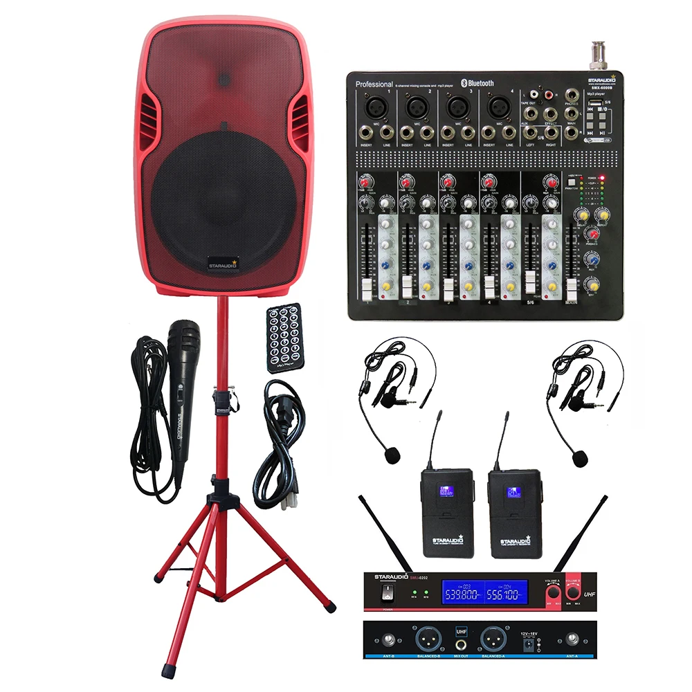 

STARAUDIO 3500W 15" Active PA Powered Speaker DJ Stand 6 Channel Mixer System 2CH UHF Headset Wireless Microphone System SSRM-15