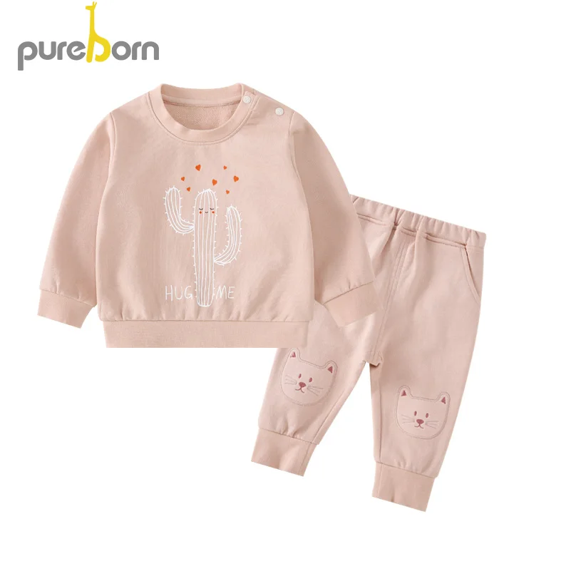 Pureborn/2 предмета; Одежда для маленьких девочек; пуловер с принтом кактуса; топы; рубашки с рисунком животных; штаны; комплект одежды для маленьких мальчиков