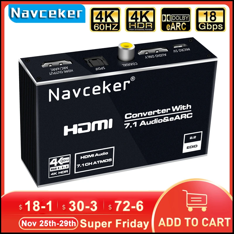 2021 Best eARC HDMI 2.0 Audio Extractor 4K 60Hz RGB8:8:8 HDR Splitter Converter to Optical TOSLINK SPDIF 7.1 | Электроника