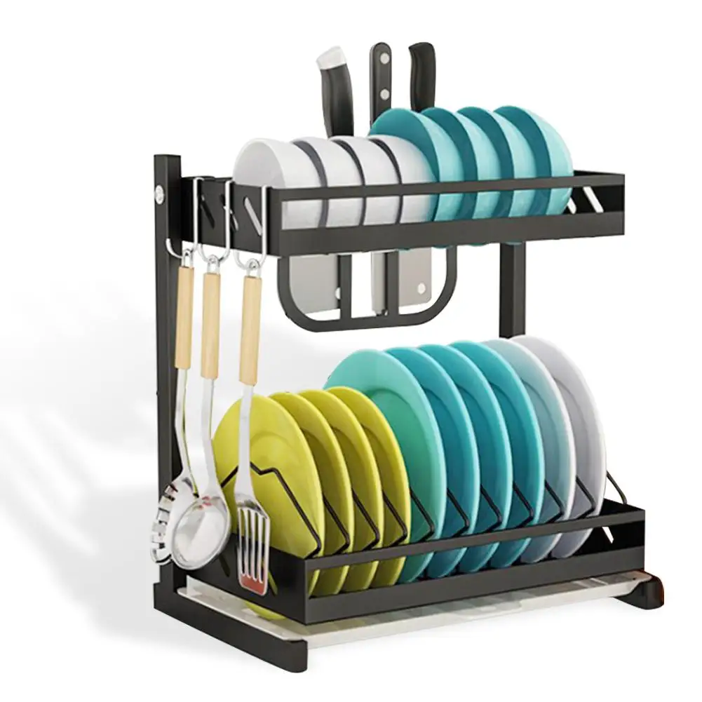 

2 Tiers Dish Drying Rack Holder Basket Plated Iron Home Washing Great Kitchen Sink Dish Drainer Drying Rack Organizer Black