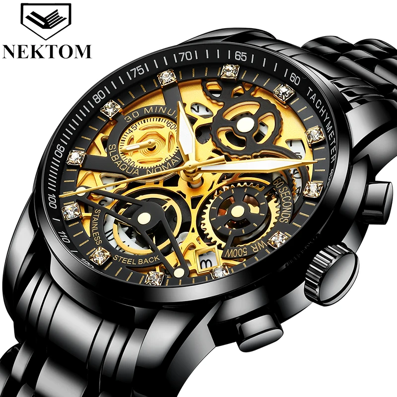 NEKTOM Relogio Masculino наручные часы для мужчин Топ бренд класса люкс Золотой хронограф мужские часы Золотые Большие мужские наручные часы для мужчин