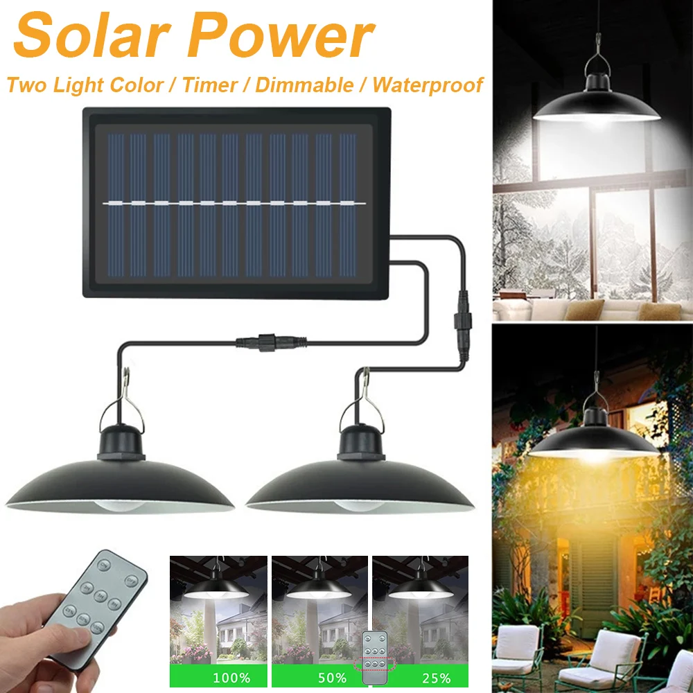 IP65 Waterproof Double Head Solar Pendant Light Outdoor Indoor Solar Lamp Remote Dimmable Timer Barn LED for Garden Shed Camp