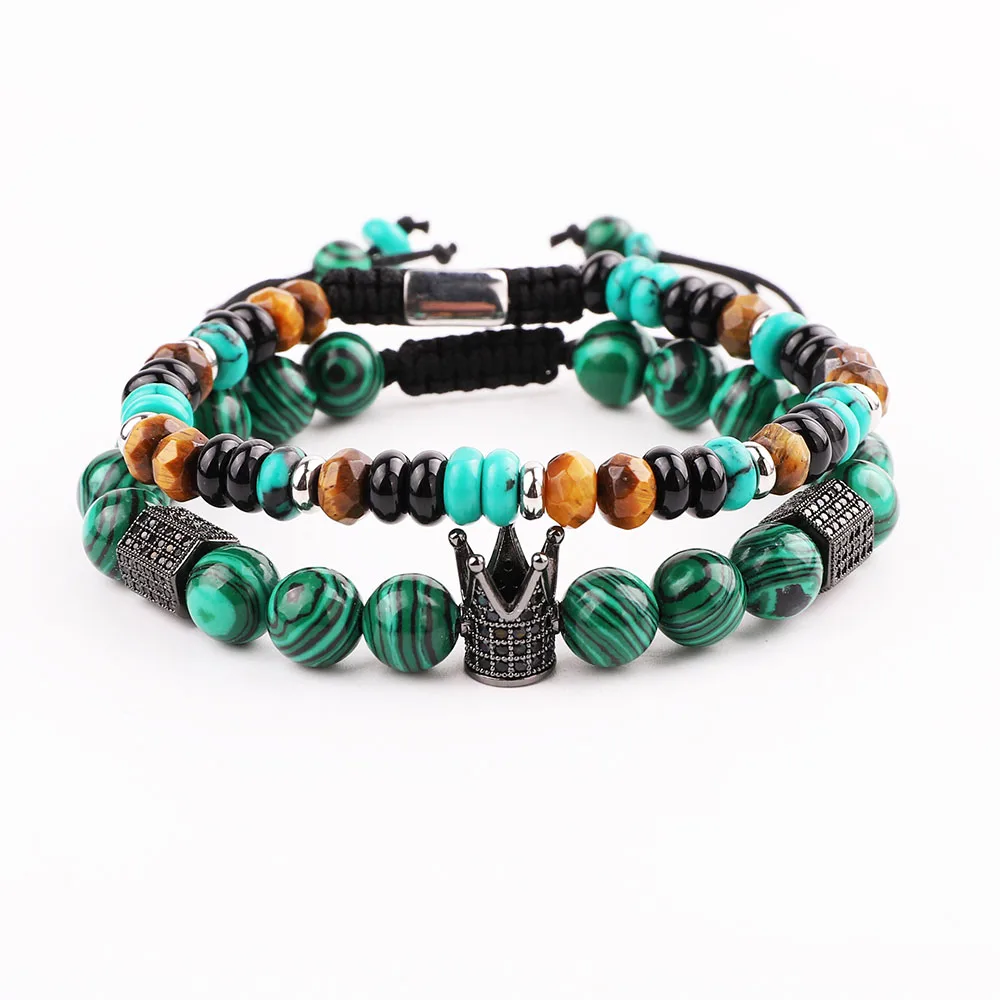 New Design Men Bracelet Set CZ Crown Natural Stone Braided Adjustable Macrame Bracelet Men