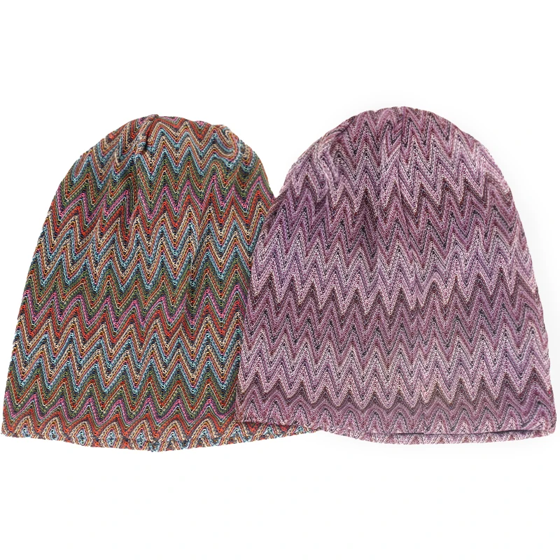 Geebro Women's Bohemia Wave Striped Beanie Hat Spring summer Multicolour Slouchy Hat for Ladies Knitted Bone hat Skullies Cap 3