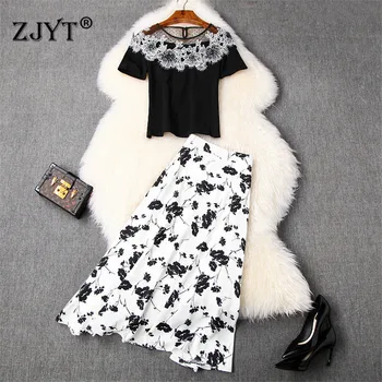 

High Fashion 2020 Summer 2Piece Set Women Elegant Lady Casual Outfit Flower Embroidery Top and Midi Skirt Suit Matching Set