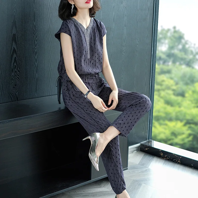 

2019 Summer New Style WOMEN'S Suit Loose-Fit Sportswear Short Sleeve Polka Dot T-shirt Printing Elastic Waist Trousers Fashion