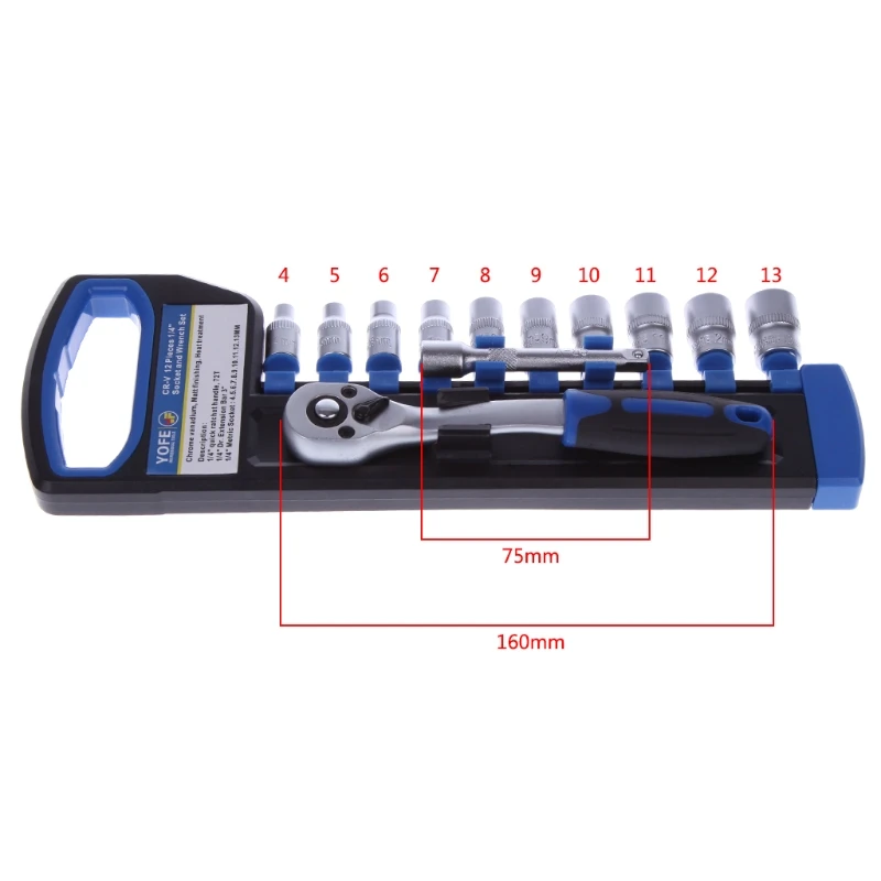 

12pc 1/4" Ratchet Wrench Kit Chrome Steel Socket Wrench Extension Rod 10 Sockets