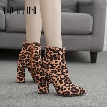 

Sexy Leopard Pointed Toe Suede Stretch Fabrics Women's Ankle Boots Zip Socks Martin Boots Thick Heel High Heels Plus Size 35-42