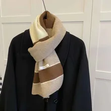 Womens Geometry Stripe Scarf Women Keep Warm Knitted Wool Scarves Shawl Snood Fashion All-match Retro British Style 23*160cm