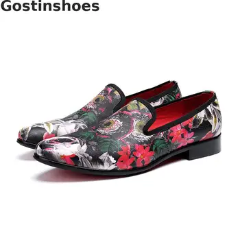 

Men Loafers Genuine Leather Florals Printed Fashion Men Shoes Pointed Slip-on Casual Leather Shoes Man
