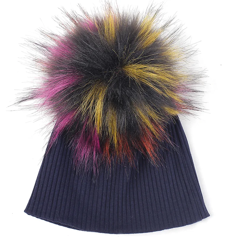 Разноцветная шапка с меховым помпоном 15 см, детские шапки, мягкие вязаные шапки, осенне-зимние шапки для новорожденных мальчиков и девочек, ребристые Кепки из хлопка - Цвет: navy 23