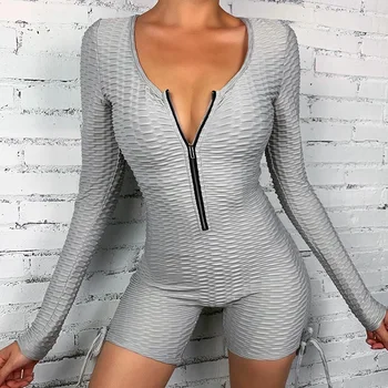

Gray Jacquard Weave Bodycon Playsuit Full Sleeve Women Lace Up Zip Up Playsuit Autumn 2020 Party Club Romper Jumpsuits Shorts