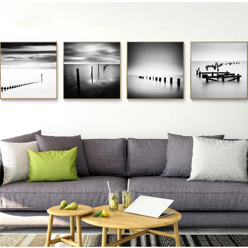 Lake and Wooden Bridge Landscape Wall Art Canvas Painting Nordic Posters And Prints Black White Pictures For Living | Дом и сад