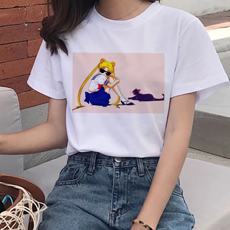Забавная графическая футболка в Корейском стиле, Женская Футболка Harajuku, Сейлор Мун, Kawaii, женская футболка 90 s, эстетическая мультяшная футболка