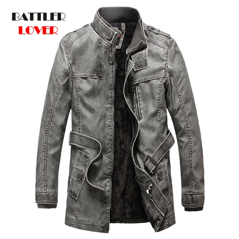 High Quality Vintage Jacket Men Warm Fleece Washed Leather Motorcycle Biker Jackets Stand Collar Coat Plus Size 4XL Long Parkas