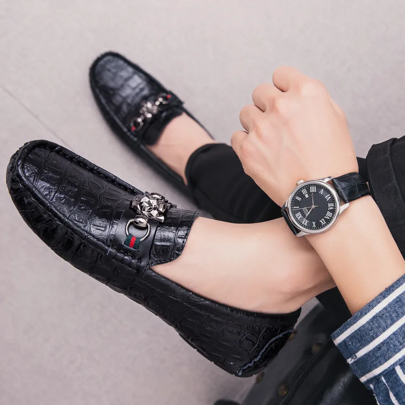 

MEN'S SHOES Genuine Leather Shoes Autumn And Winter Crocodile Pattern Moccosins Men's Korean-style Versatile Loafers Driving plu