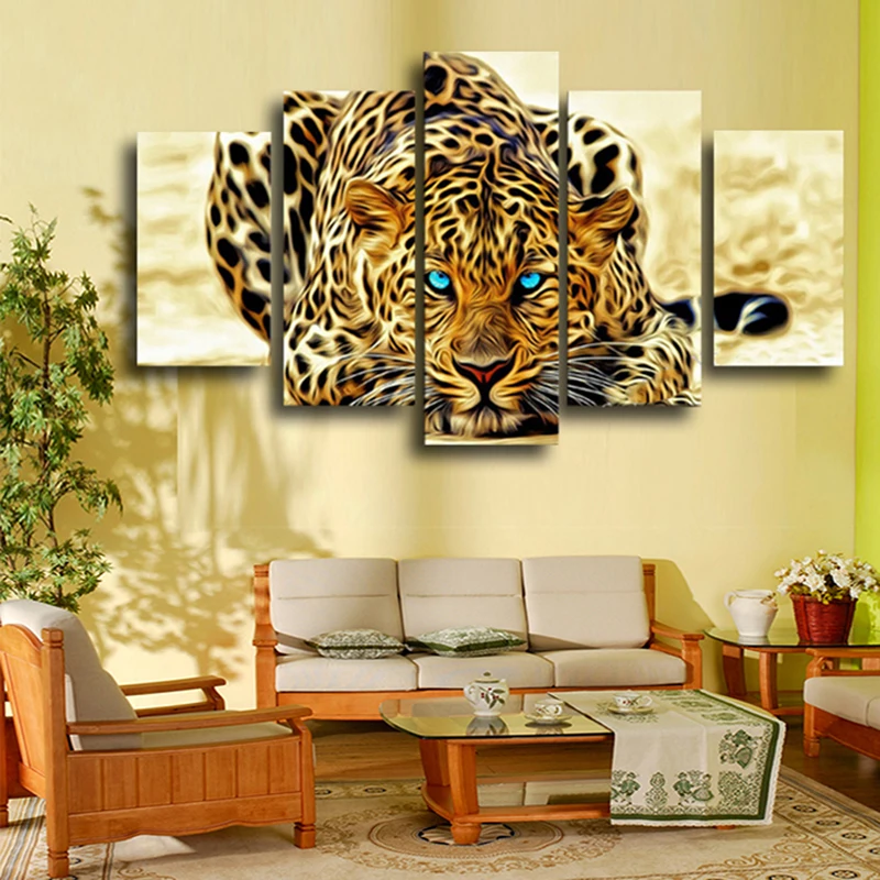 

5 Pcs NO Framed Abstract Blue Eyes Leopards HD Wall Picture Decorative Oil Painting On Canvas Home Decoration For Living Room