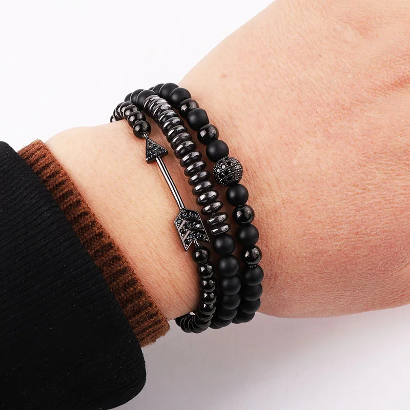 New Fashion Natural Stone Matte Onyx CZ Pave Arrow Ball Charm Beads Elastic Bracelet Set For Men - Image 3