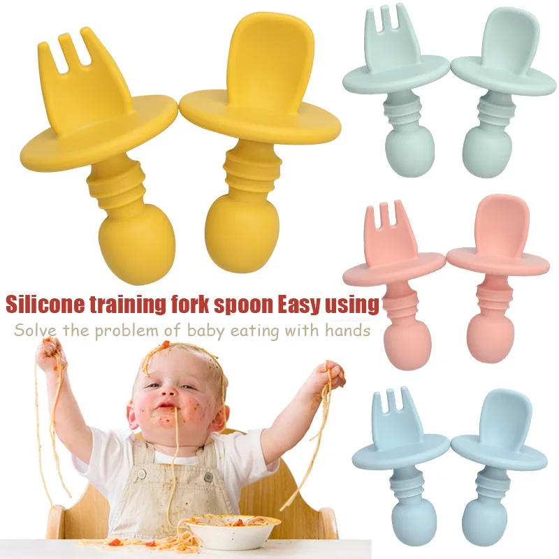 2PCS Kids Feeding Tableware Soft Silicone Fork Spoon Sest Baby Eating Training Spoon Food Supplement Spoon Baby Stuff