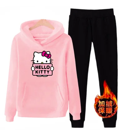 P66 3xl hello-kitty зимний женский комплект из 2 предметов с длинными рукавами, флисовая толстовка с капюшоном, пуловер, костюм, спортивные костюмы, одежда - Цвет: pink