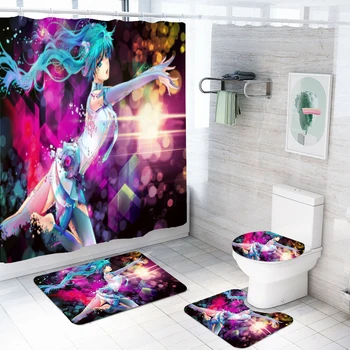 

3D Anime Hatsune Miku Print Waterproof Bath Curtain Polyester Fabric Bathroom Set Carpet Cover Toilet Cover Bath Mat Home Decor