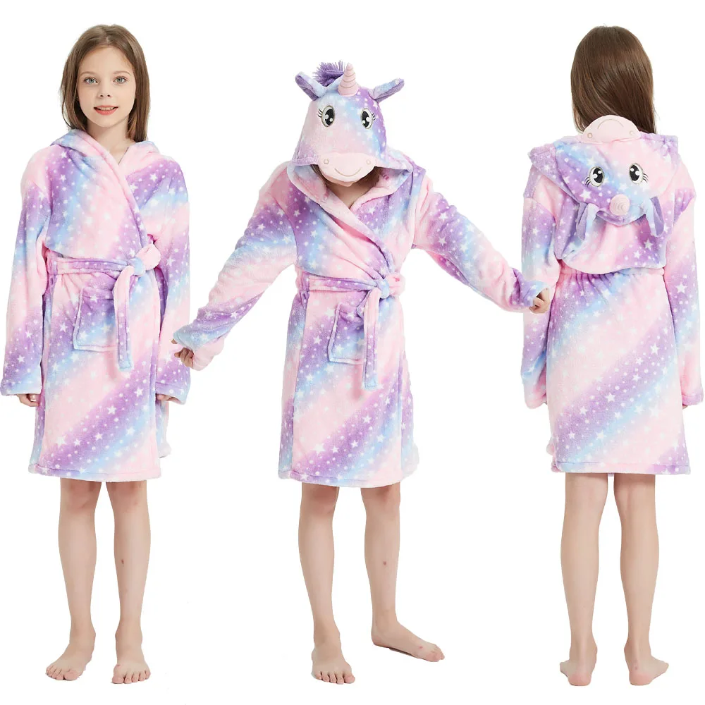 4 6 8 10 12 Y Baby Girls Robe for Kids Pajamas Girl Nightgown Unicorn Bath Robes Winter Warm Purple Rainbow Hooded Sleepwear Pjs child bathrobe kids robe