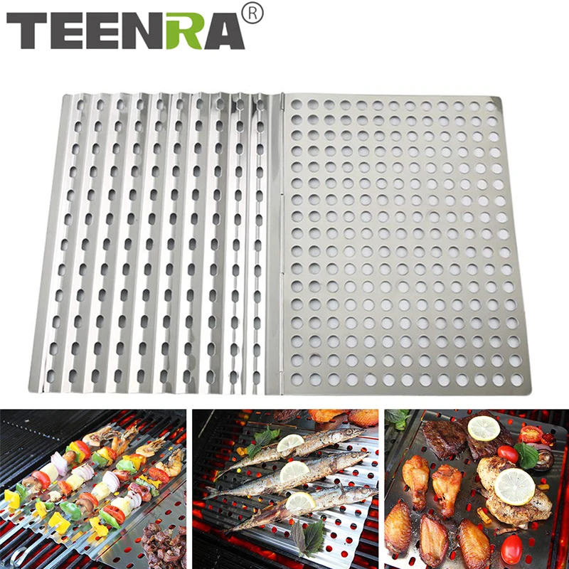 

TEENRA Folding Barbecue Mat Stainless Steel Grill Mat Portable Barbecue Baking Tray Non-stick BBQ Mesh Camping Tools