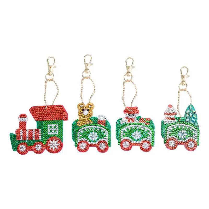 

4pcs DIY Full Drill Special-Shape Diamond Painting Keychain Christmas Train Keychain Christmas Pendant Christmas Tree Ornaments
