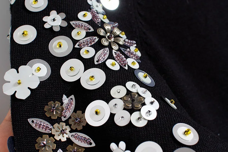 Роскошный брендовый дизайнерский вязаный пуловер для женщин Causel водолазка ручной бисер блестки цветы черный вязаный свитер