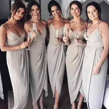 

Robe Demoiselle D'honneur Bridesmaid Dresses Ankle Length V Neck Sheath Chiffon Wedding Party Dress Spaghetti Straps Prom Gown