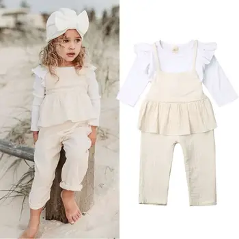 

1-4years Casual Girls Set Solid White T-Shirt For Girls Beige Overalls Girls Clothes Set Children Outfits For Toddler Girls Suit