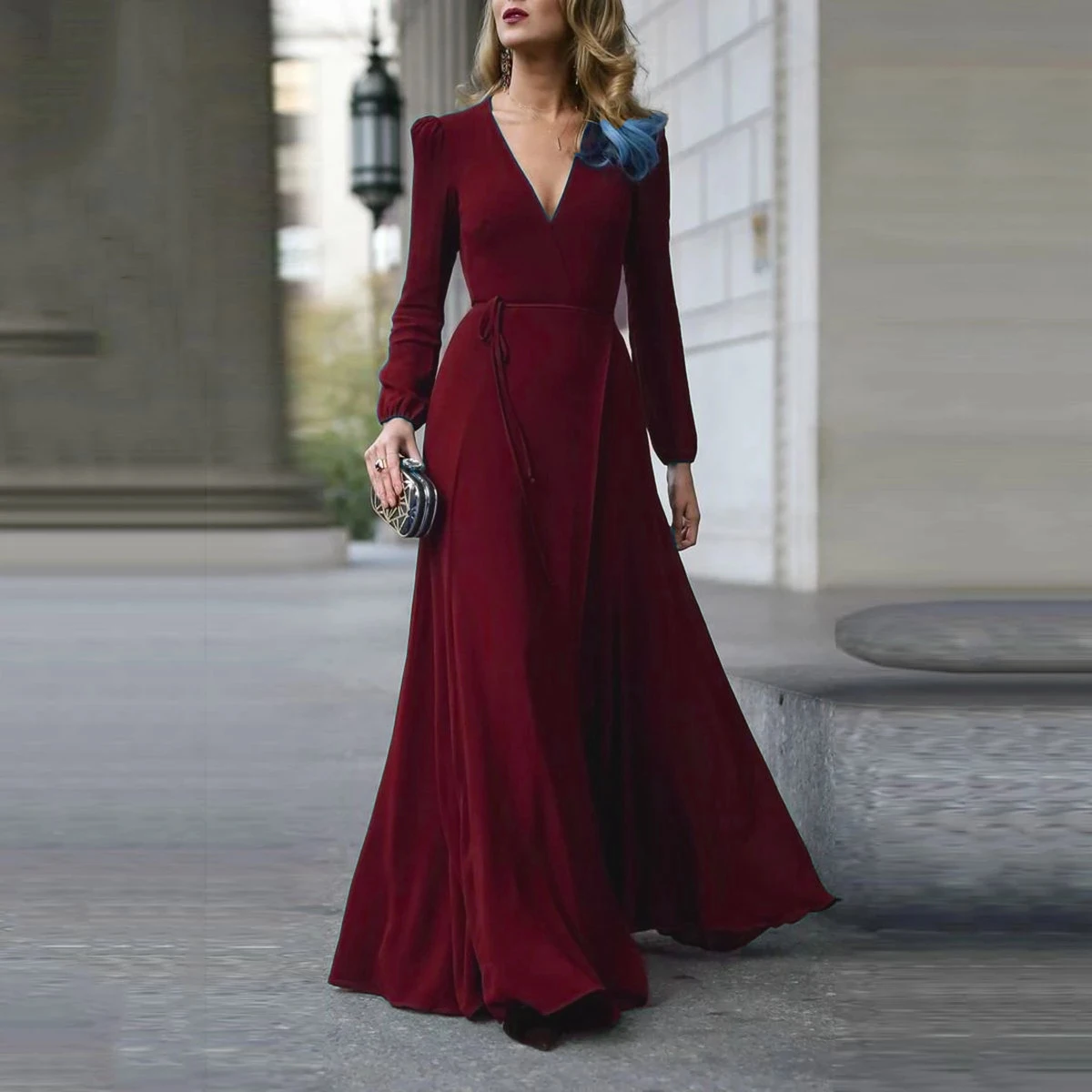 Women Sexy Formal Maxi Dress V Neck Long Sleeve Solid color Bandage Office Ladies Evening Party Prom Gown blazer dress