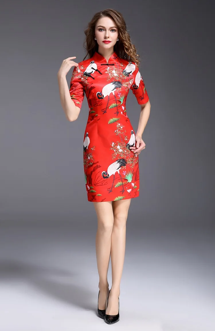 Новинка,, платье в китайском стиле, cheongsam, летняя одежда, вечерние платья с принтом, красное XXL, элегантное тонкое женское платье-карандаш