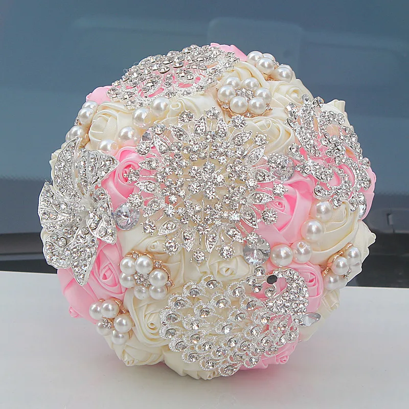 8 видов стилей 15 см Высокое качество алмаз Брошь Свадебный букет Лента Свадебные цветы Свадебные букеты для подружки невесты Кристалл Свадебный букет - Цвет: W230 ivory pink