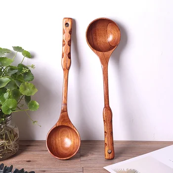 

Long Handle Wooden Antique Spoon Retro Solid Wood Soup Spoon Household Kitchen Large Cooking SpoonA1