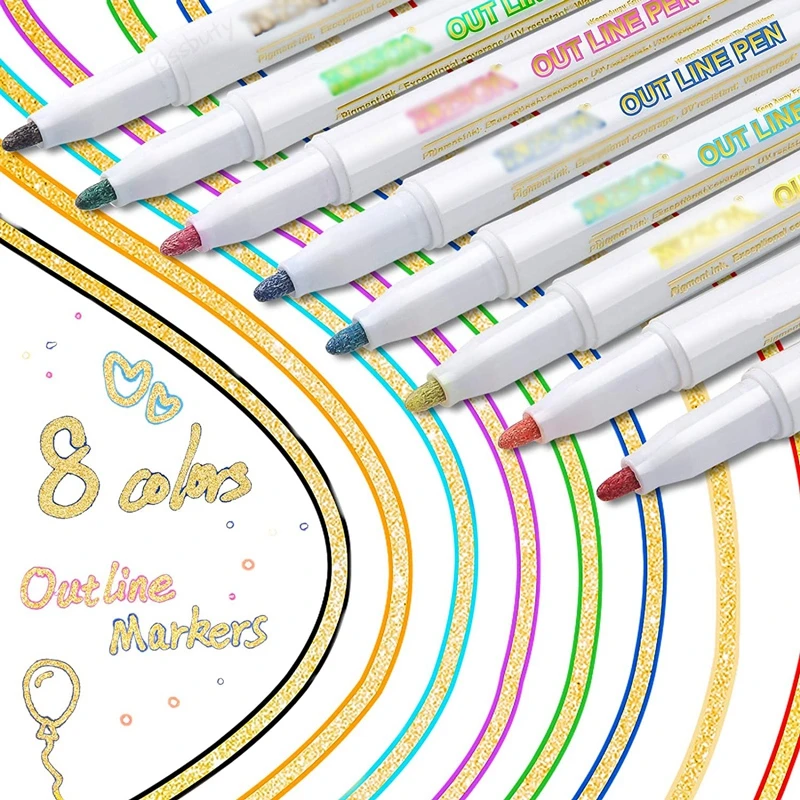Metallic Markers Outline Pens 8 Colors Double out Line Paint Pen Permanent Marker for Christmas Card Rock Ceramic | Канцтовары для