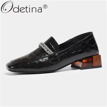

Odetina Women Fashion Plaid Slip On Square Toe New Loafers Shoes Ladies Crystal Cow Leather Block Mid Heel Retro Casual Shoes