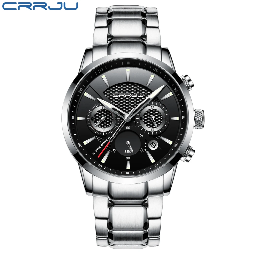 Relogio masculino CRRJU новые роскошные часы для мужчин нержавеющая сталь кварцевые бизнес часы наручные erkek коль saati reloj hombre - Цвет: silver black